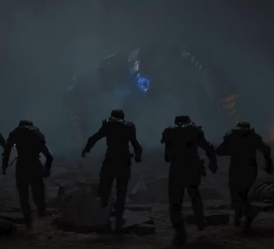 Dark cinematic still of armored soldiers running toward a towering machine with a single glowing blue eye