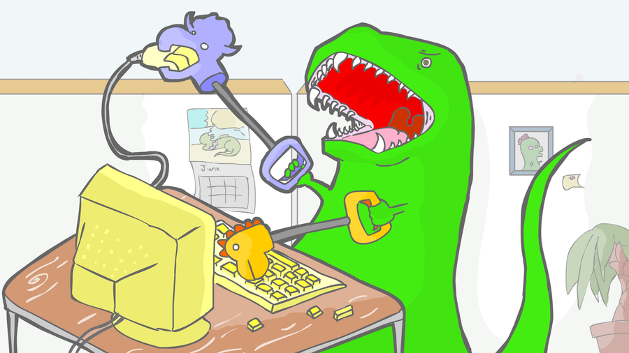 Cartoon of a T. rex at an office desk typing with two grabber tools, each tipped with a small T. rex head chomping at the keyboard